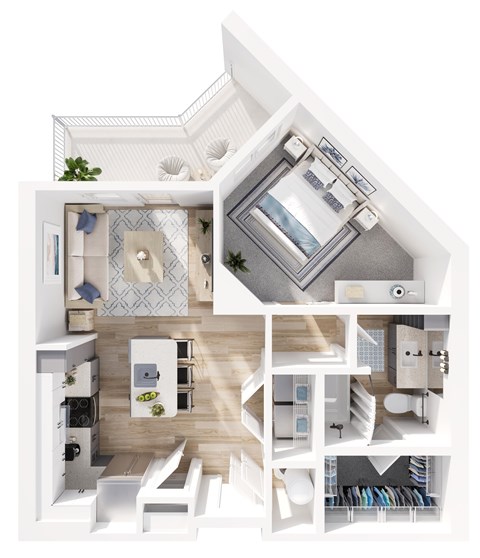 A white and wood floor plan of a house with a kitchen, living room, and bathroom.